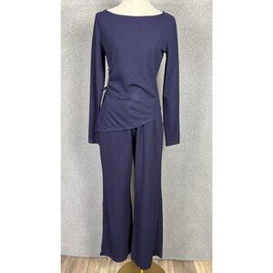 Women’s Ribbed Knit Two-Piece Lounge Set Side Ruched Long Sleeve Med Blue NWOT's